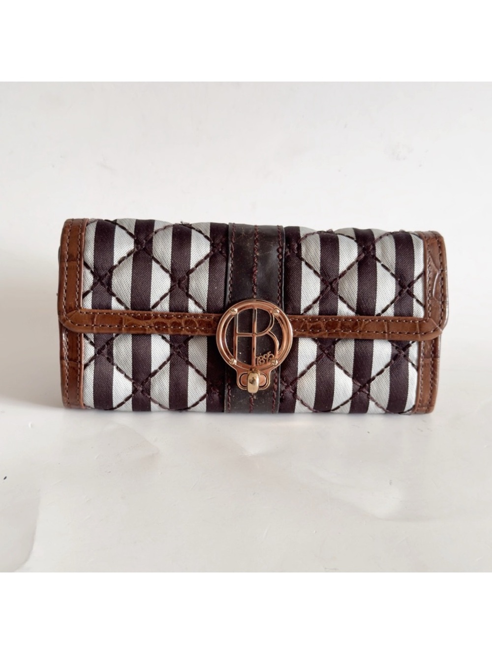 Brown and White Quilted Stripe Women's Wallet